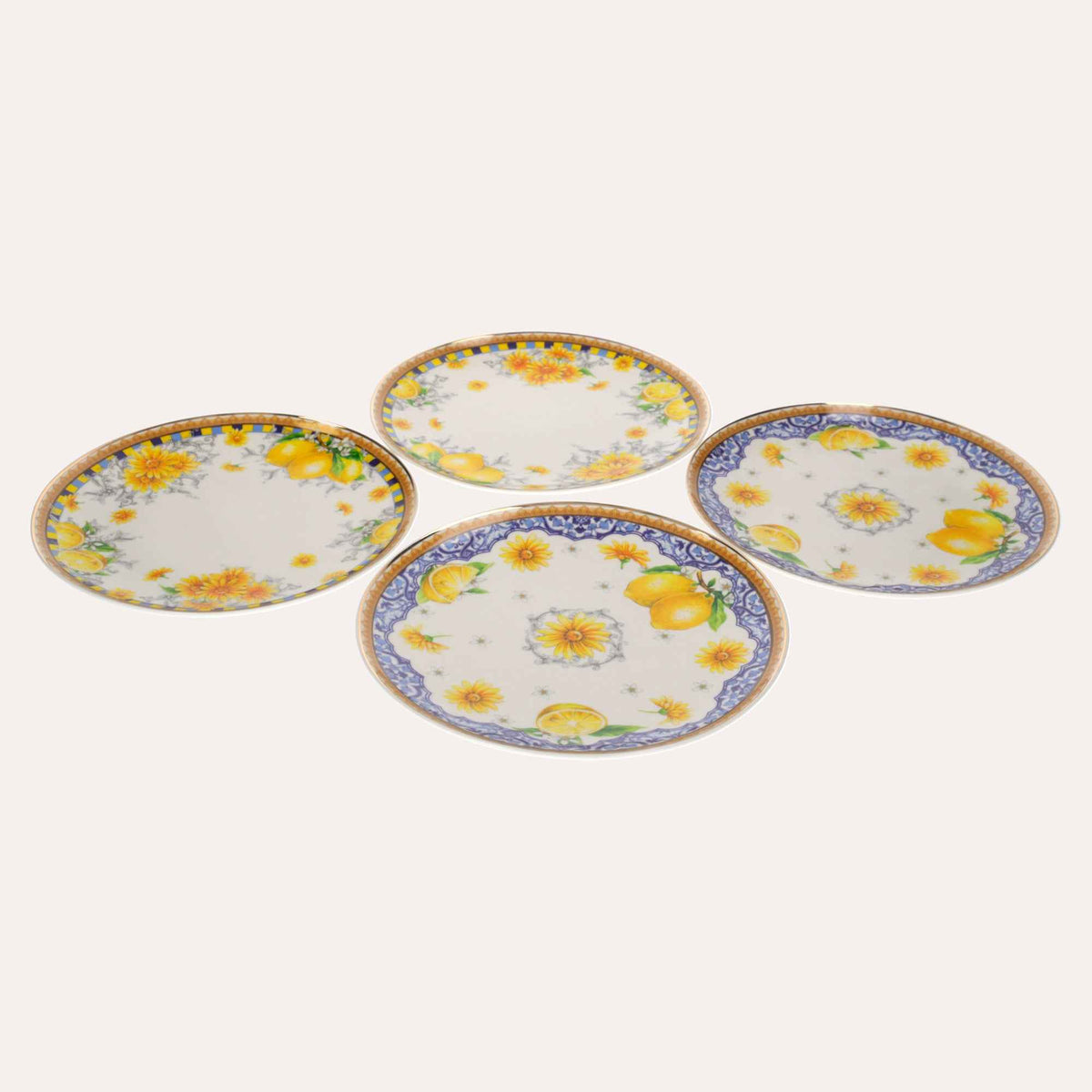 Servizio 4 Piatti in Porcellana Decorata con Limoni e Fiori – Stile Mediterraneo