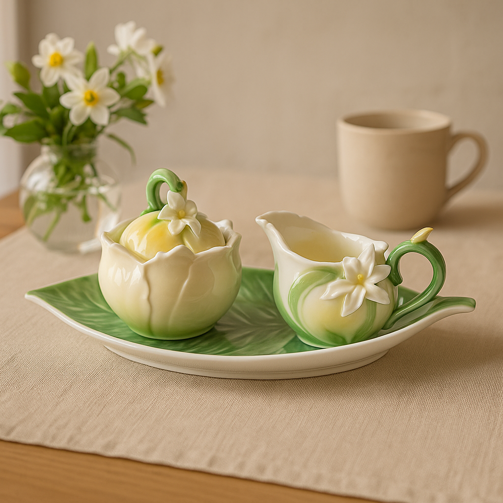 Set aus Zuckerdose und Milchkännchen aus Porzellan, verziert mit Blumen