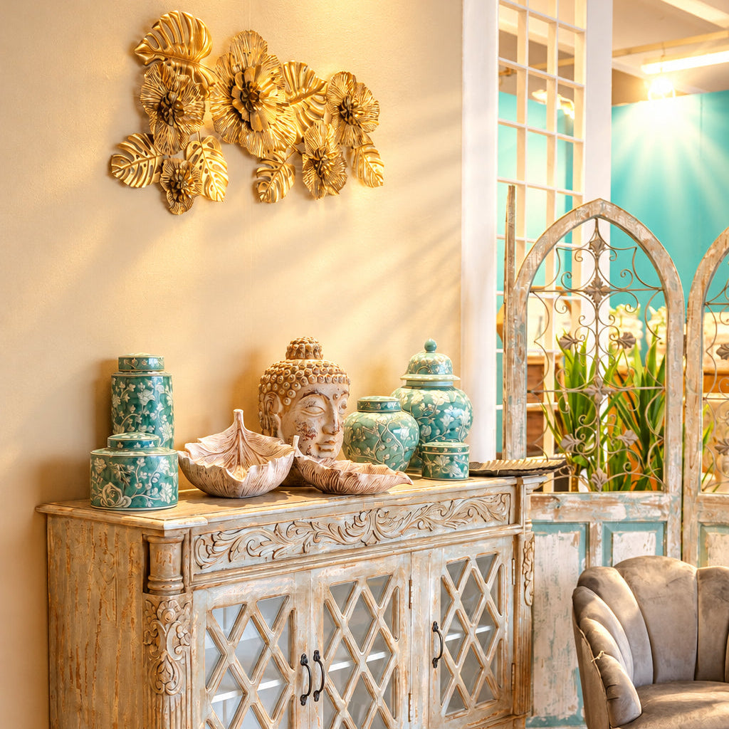 Fregio Decorativo in Ferro Oro con Fiori e Foglie