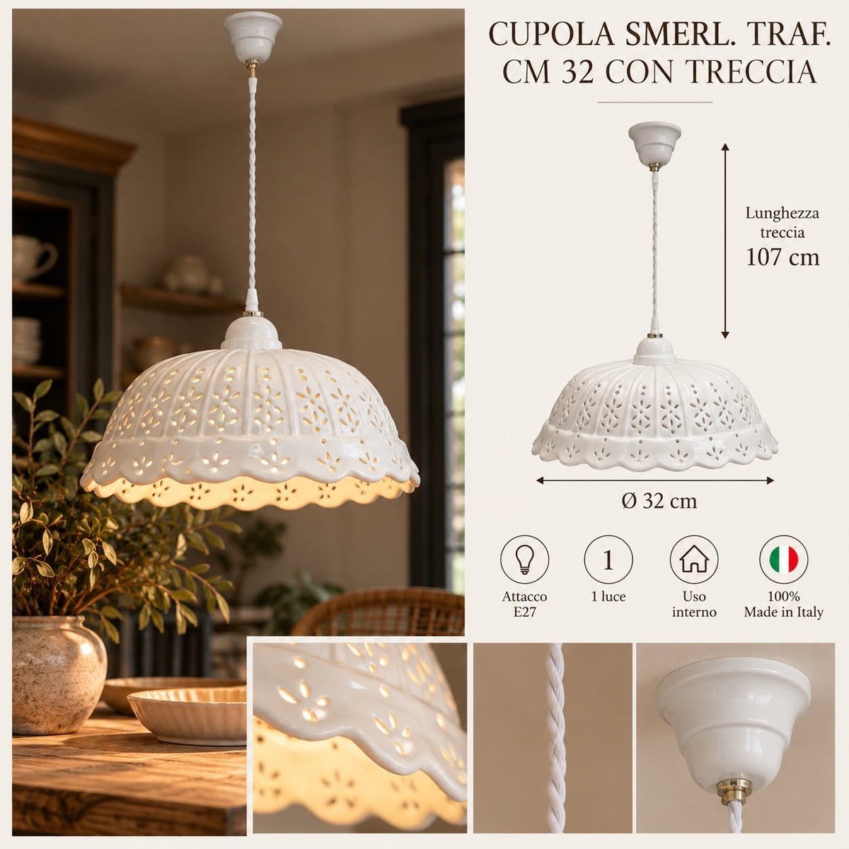 Lampadario Traforato Rustico in Ceramica Bianca Ø. 32cm