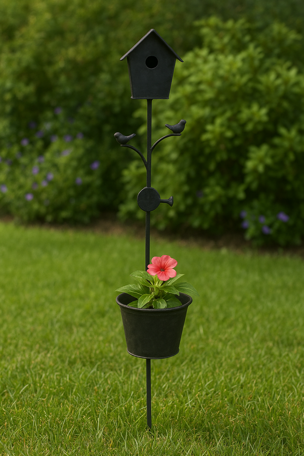 Eisenpfosten mit Vogelhaus und Vase