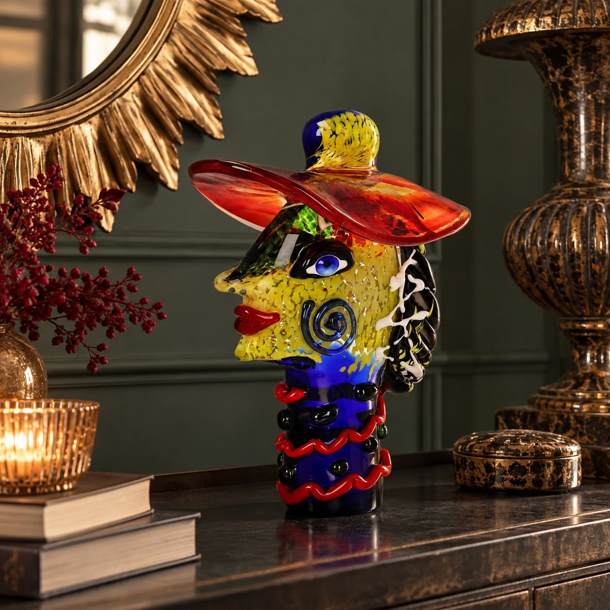 Scultura in Vetro Pieno Multicolore con Cappello H.33 cm