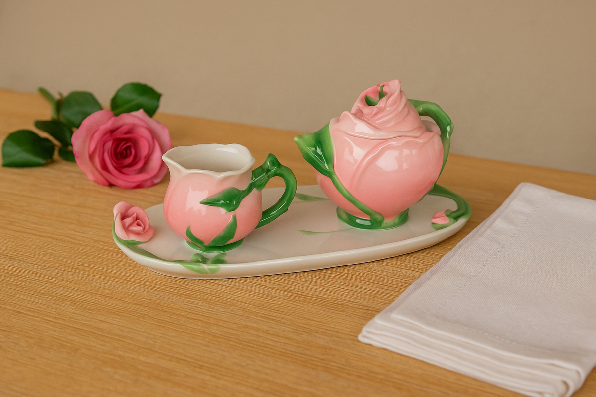 Set aus Zuckerdose und Milchbehälter aus rosa dekorierter Keramik