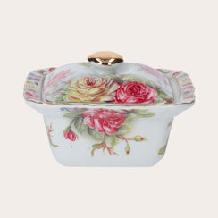 Caixa de Porcelana com Rosas e Tampa Dourada – Elegante Armazenamento Decorativo