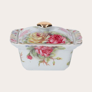 Caja de Porcelana con Rosas y Tapa Dorada – Elegante Almacenamiento Decorativo
