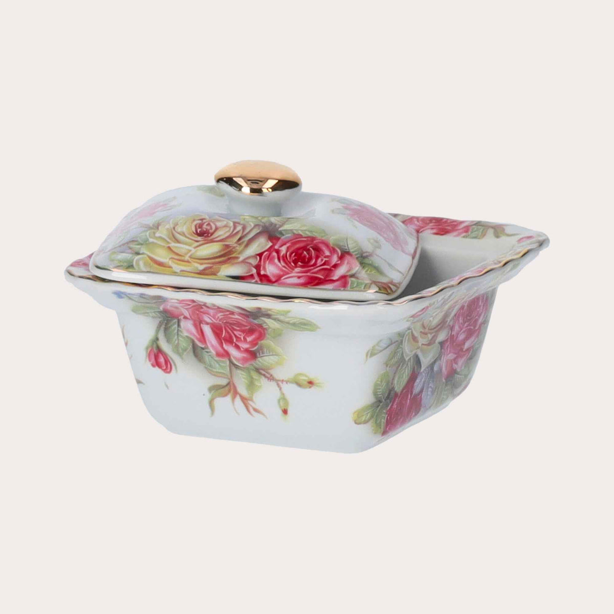 Caja de Porcelana con Rosas y Tapa Dorada – Elegante Almacenamiento Decorativo