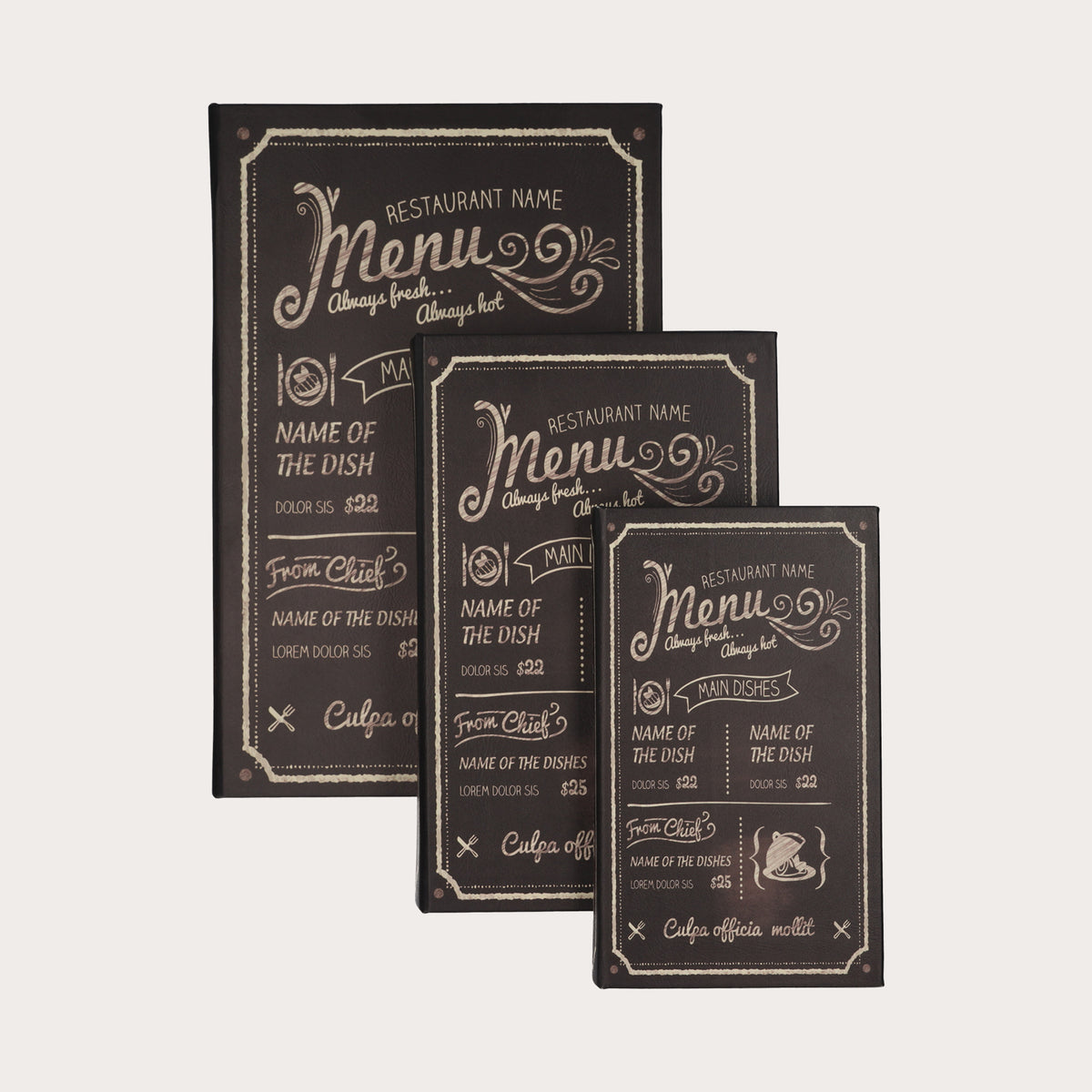 Trio of fake Decorative Books with Menu motif