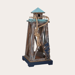 Farol de madera marrón con cristal y cúpula azul
