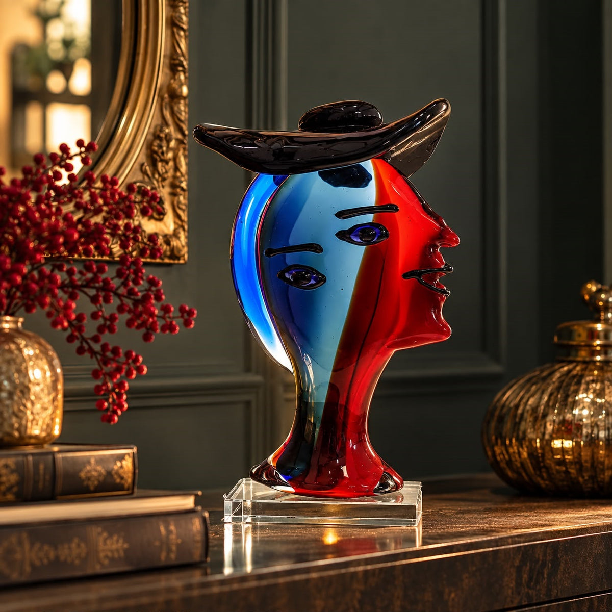 Scultura Donna con Cappello in Vetro Pieno H.32 cm