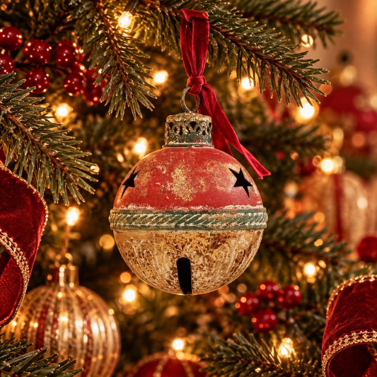 Chocalho de Natal em Lata Vermelha e Dourada Alt.25x16 cm - KeyHome Store