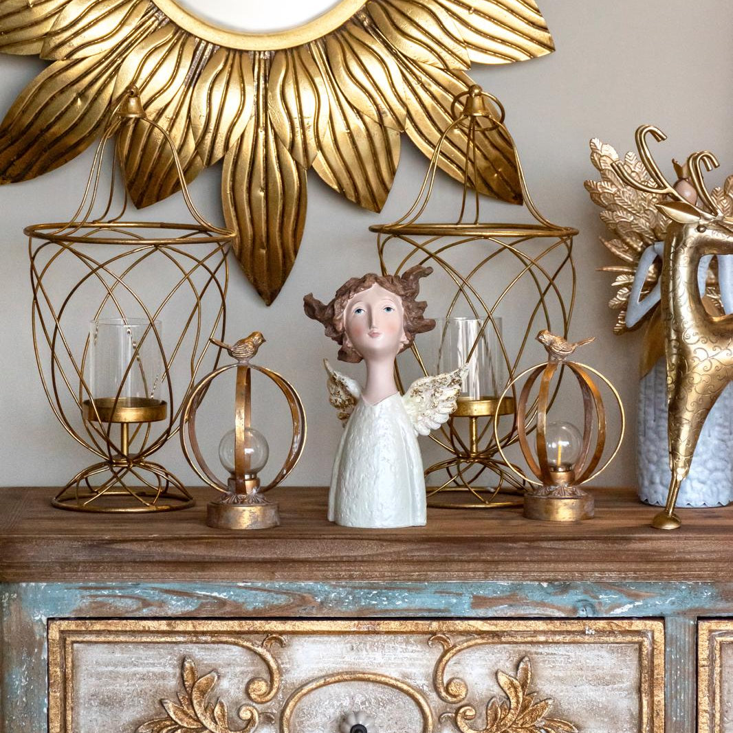Estatua de Ángel con Alas Doradas de Resina Blanca H. 26 cm