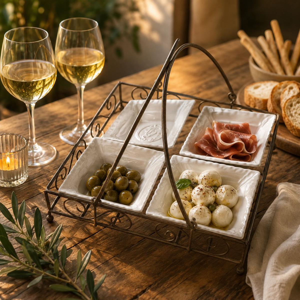 Porte-sauce antipasto 25x25 cm en céramique avec support en fer