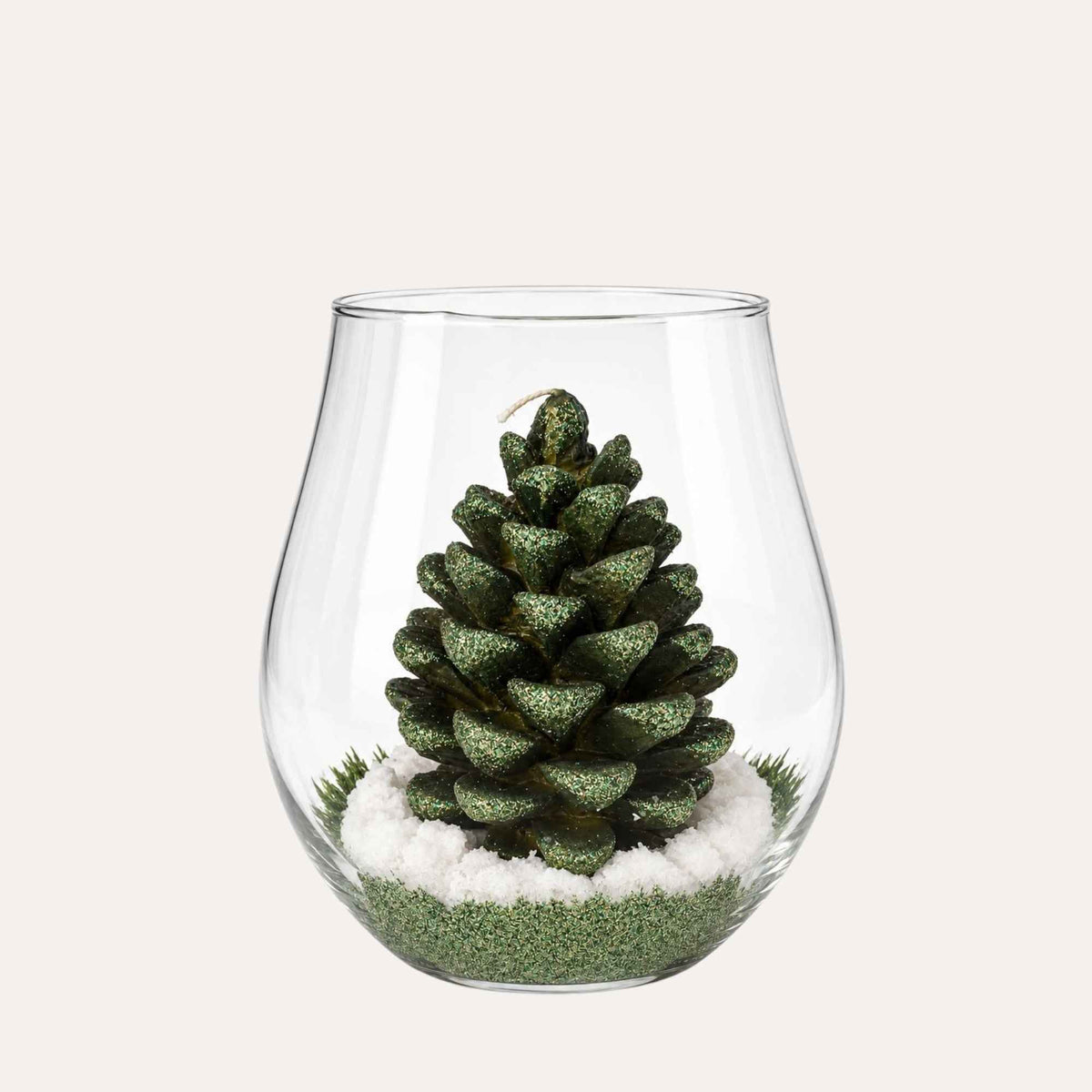 Candela a Pigna Verde con teca in vetro H.22 d.17 cm