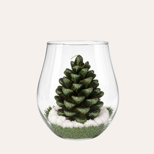 Candela a Pigna Verde con teca in vetro H.22 d.17 cm