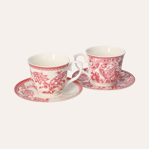 Set of 2 Cups and Saucers in Red Decorated Porcelain – Classic Style