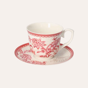 Set of 2 Cups and Saucers in Red Decorated Porcelain – Classic Style