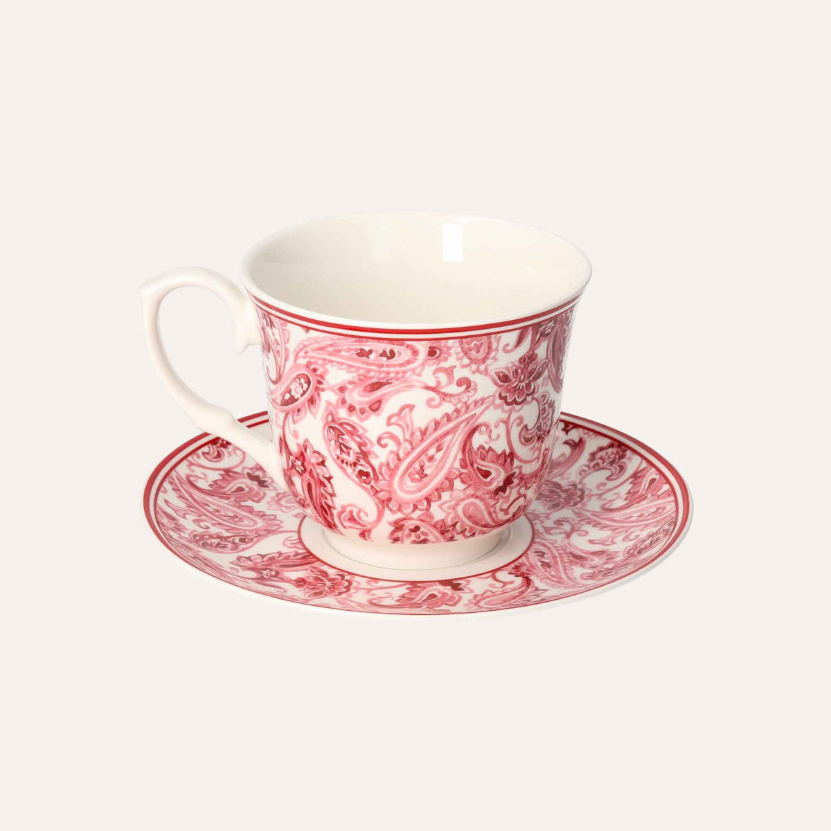 Set of 2 Cups and Saucers in Red Decorated Porcelain – Classic Style