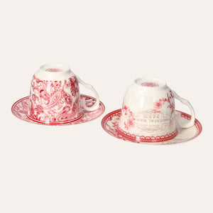 Set of 2 Cups and Saucers in Red Decorated Porcelain – Classic Style