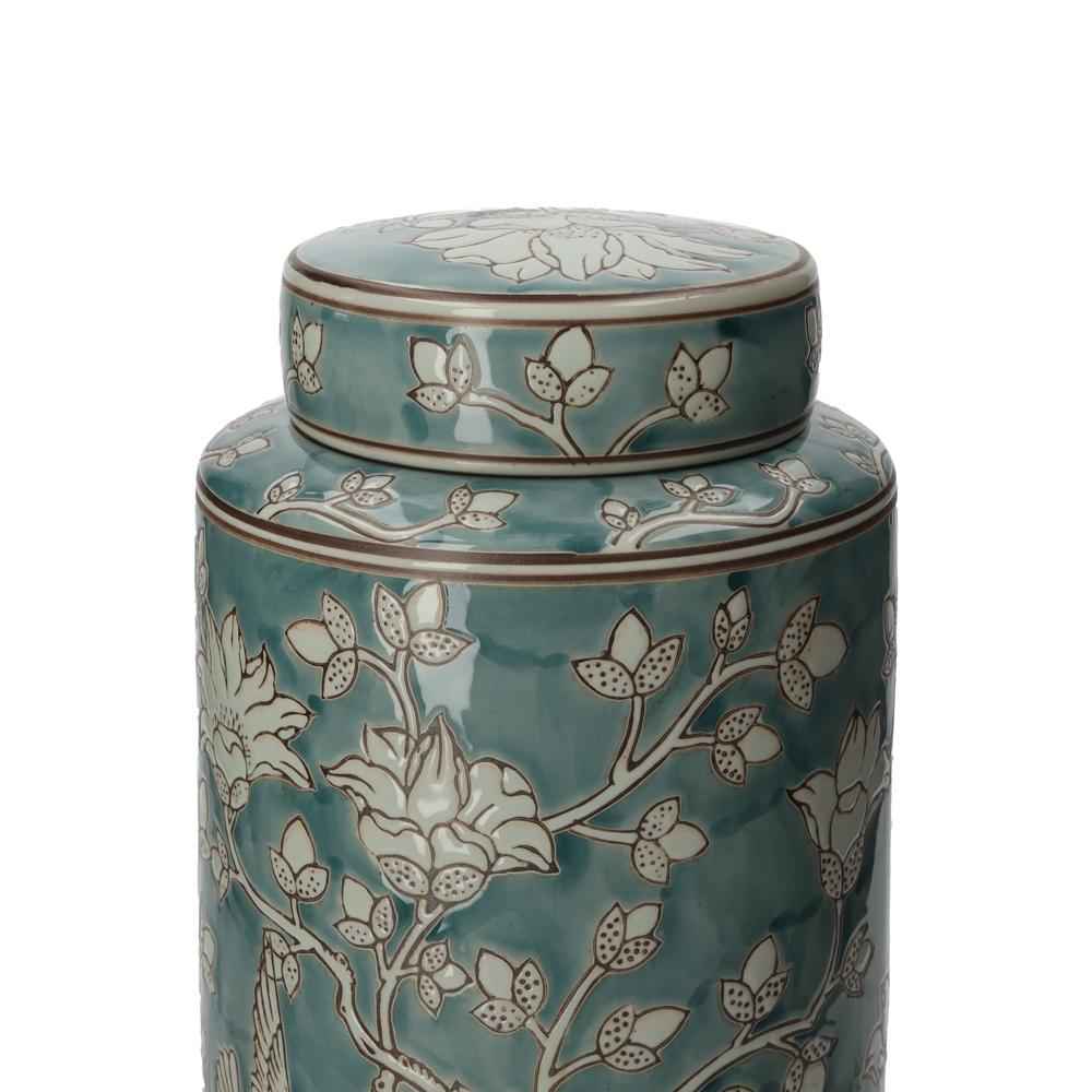 Potiche en Porcelaine Vert Marine à Arabesque Blanche