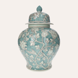 Potiche Bombata en Porcelaine Vert Marine à Arabesque Blanche