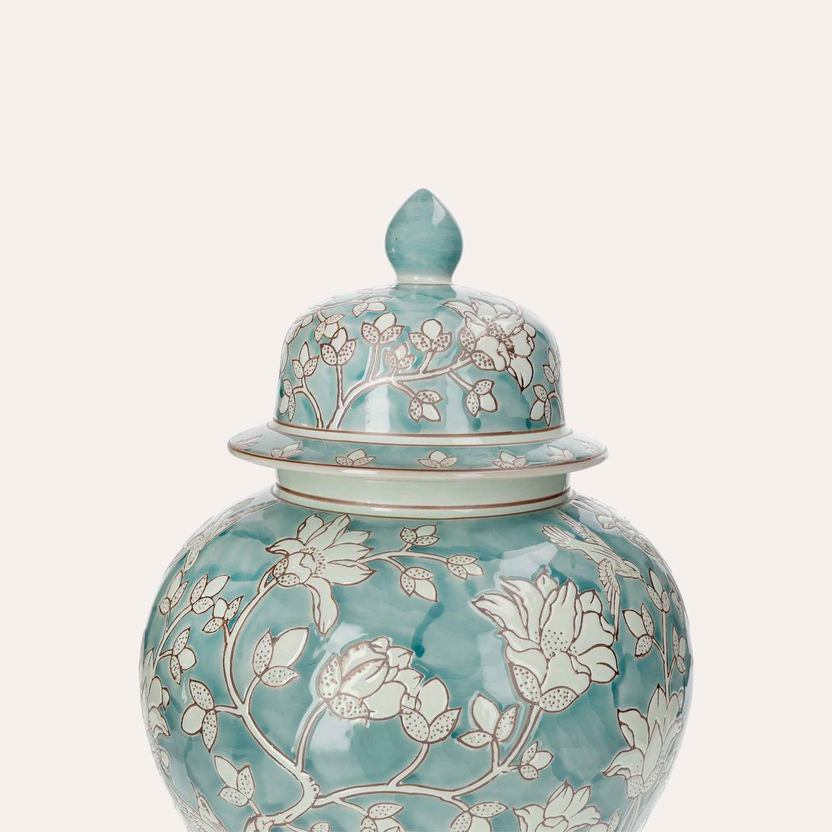 Potiche Bombata en Porcelaine Vert Marine à Arabesque Blanche