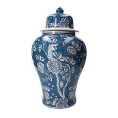 Potiche de Porcelana Azul con Flores y Mariposas Blancas