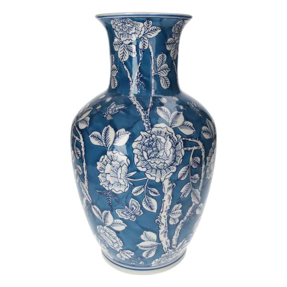 Elegante Jarrón de Porcelana con Flores y Mariposas