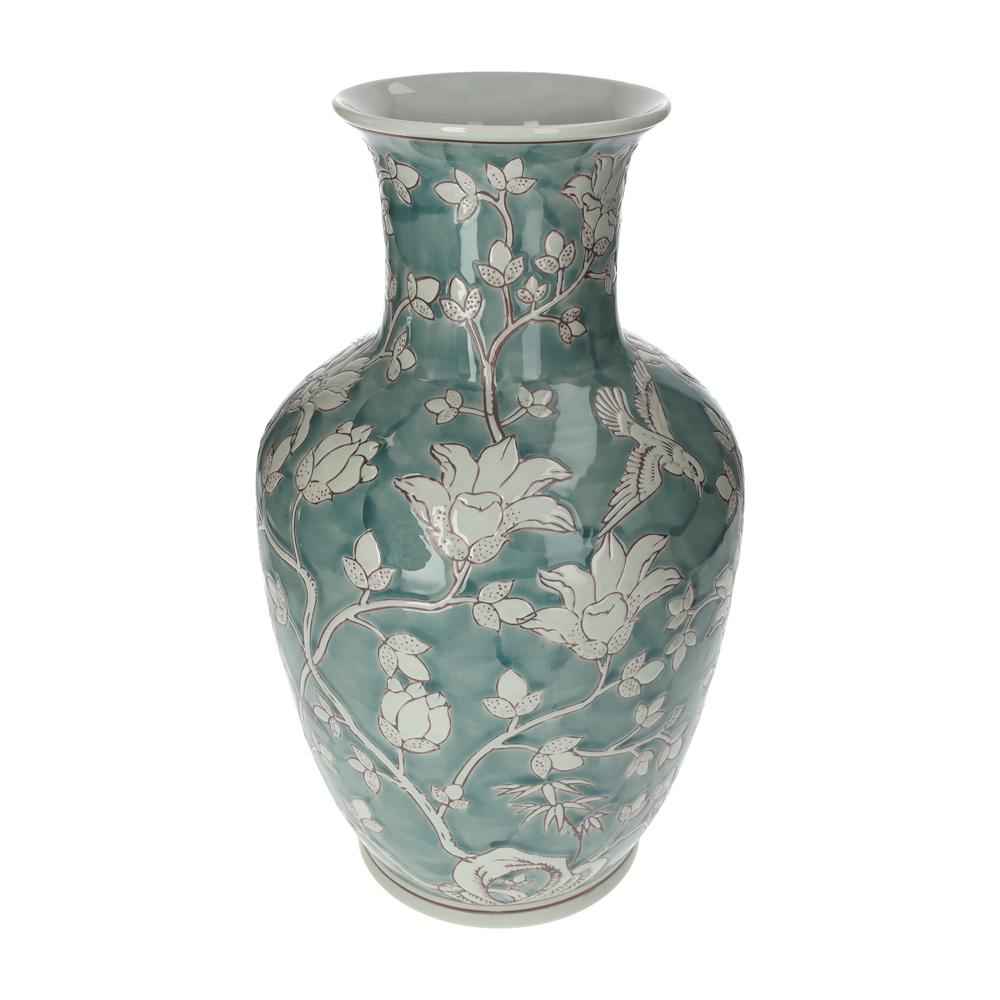 Jarrón de Porcelana Verde Marino con Arabescos Blancos
