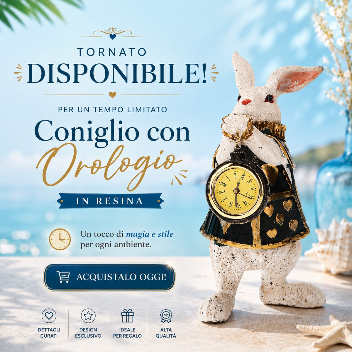 Coelho Branco com Relógio de Resina Branca e Verde H.24 cm - KeyHome Store