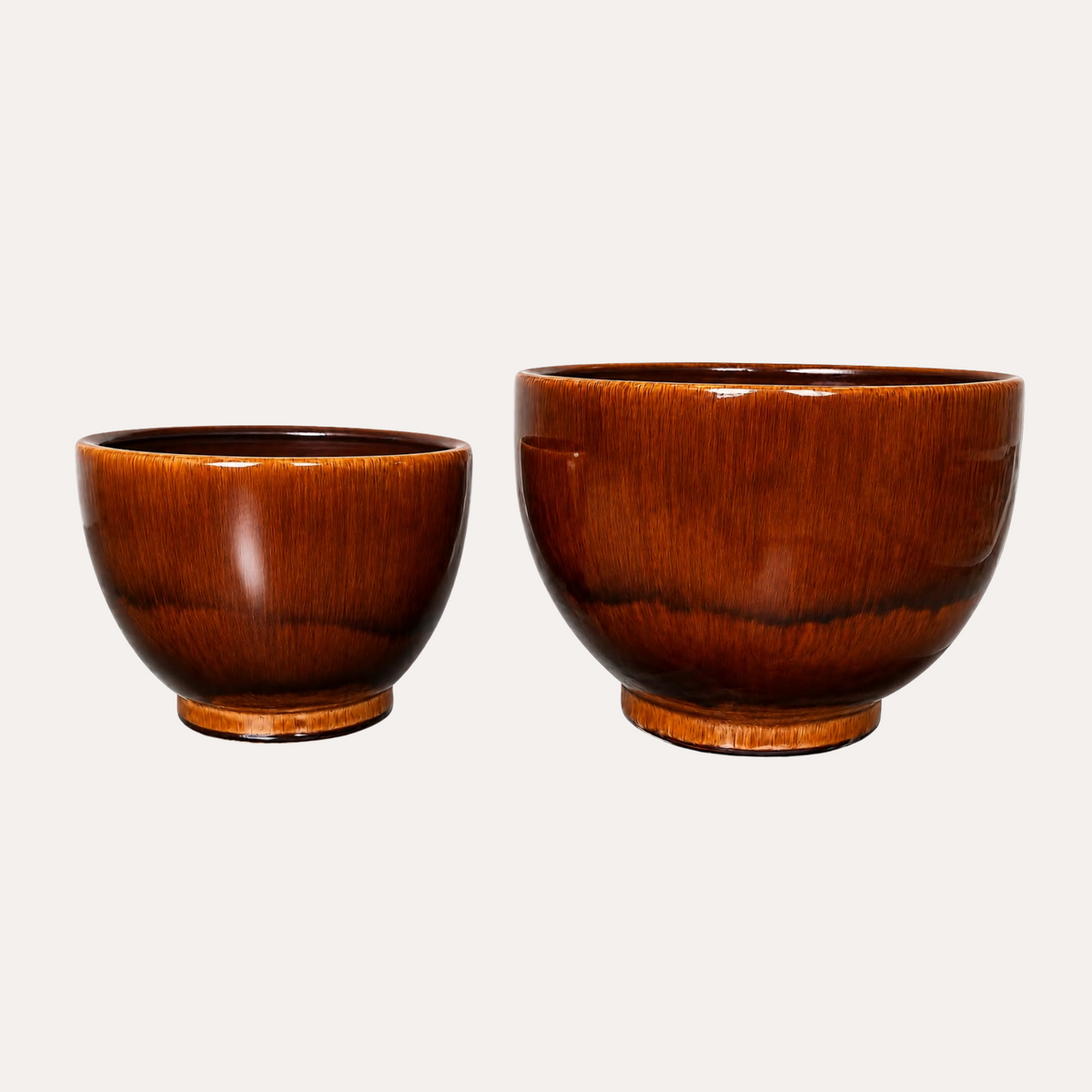 Paar glänzende braune Vasenhalter aus Keramik – H.18xØ20 + H.22xØ25 cm