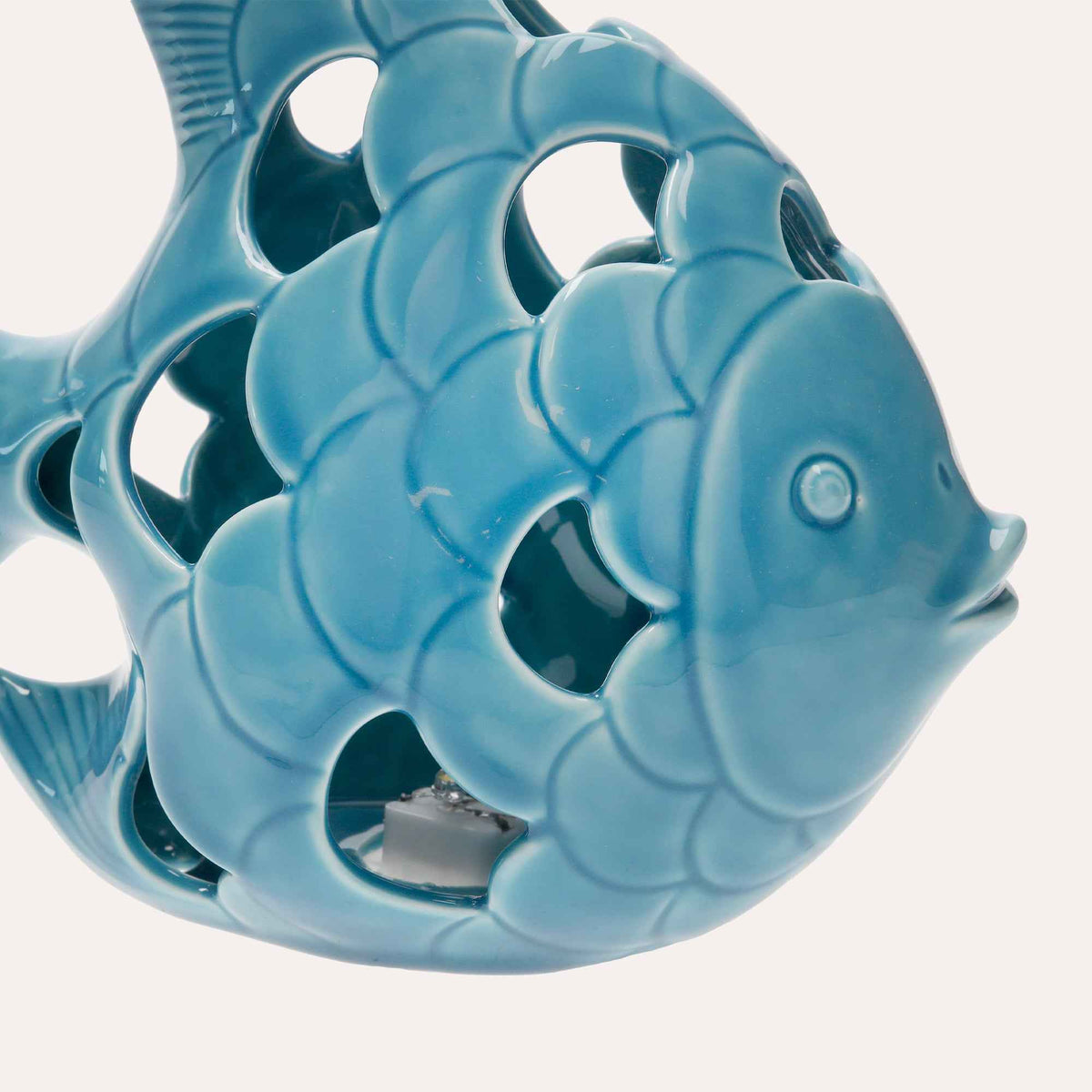 Statuina Pesce in Ceramica Azzurra con LED Integrato