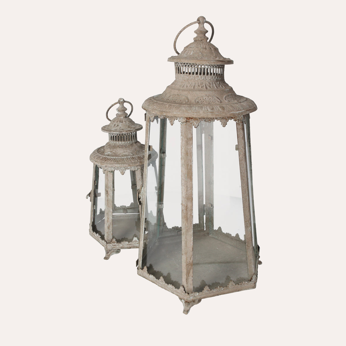 Set mit 2 Laternen mit grauen Eisengläsern, H. 45 cm
