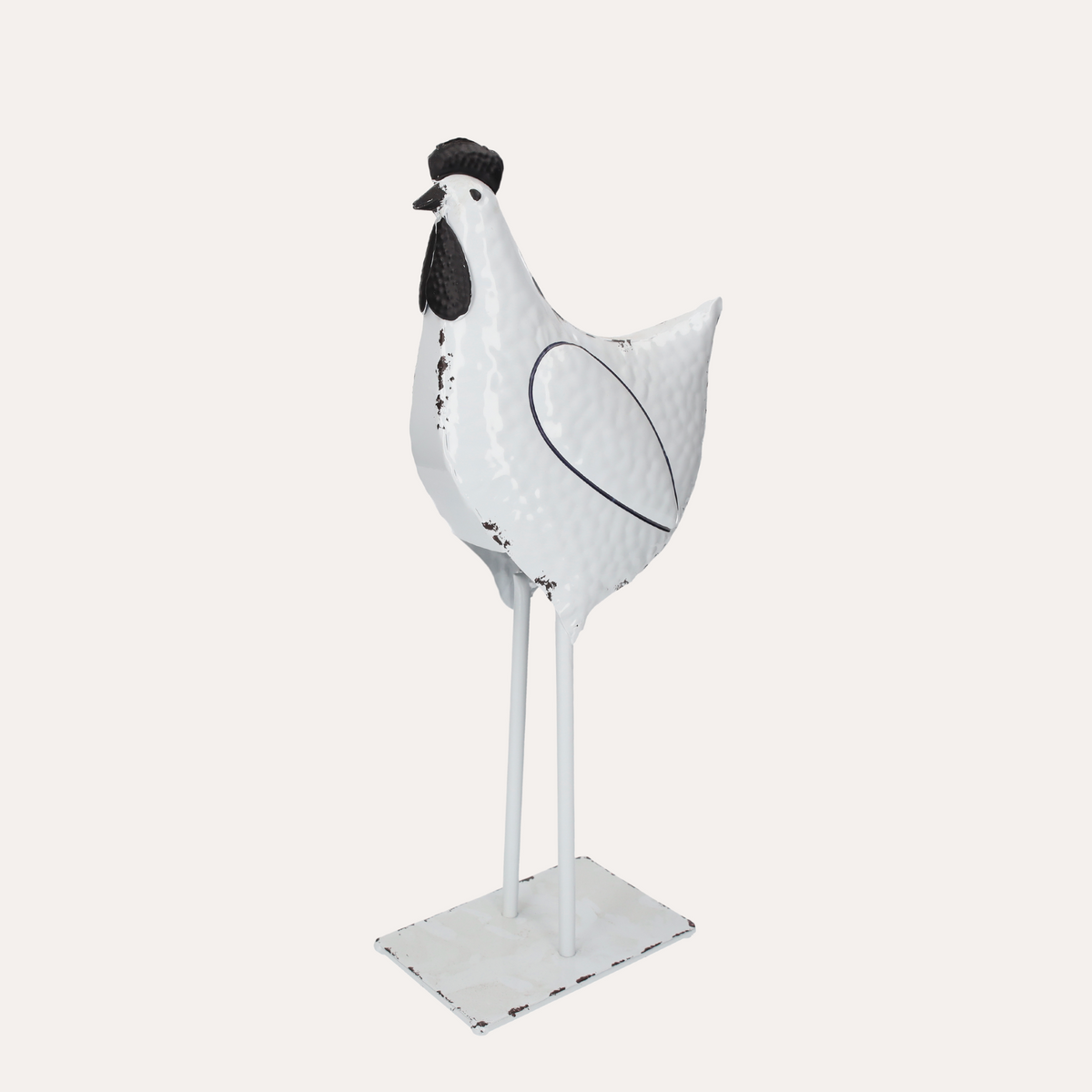 Gallo de hojalata blanco y negro decapado Al.48x17x11 cm