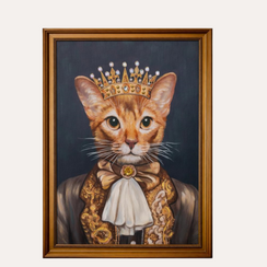 Cuadro de gato con corona de estilo vintage con marco de madera