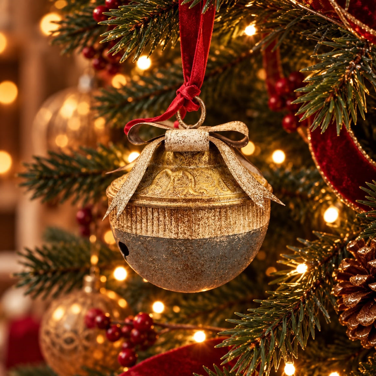 Bolota de Natal em Lata Verde e Dourada Alt.35x35 cm - KeyHome Store