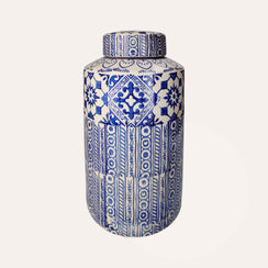 Élégante Potiche en Céramique Beige à Décors Bleus