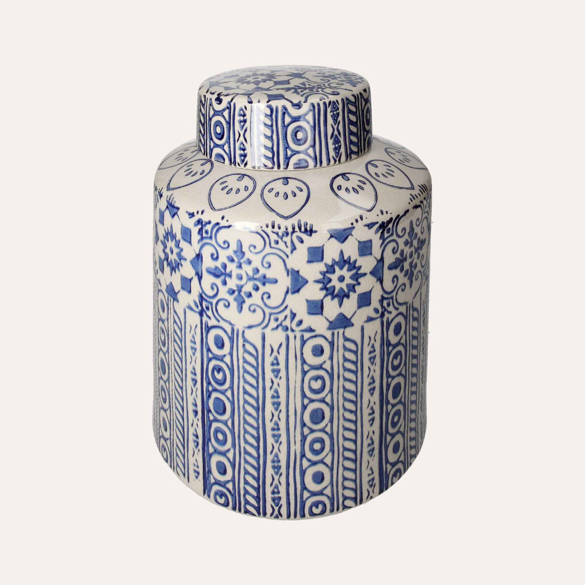 Potiche elegante de cerámica beige con adornos azules
