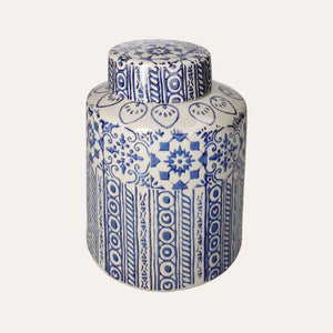 Potiche elegante de cerámica beige con adornos azules