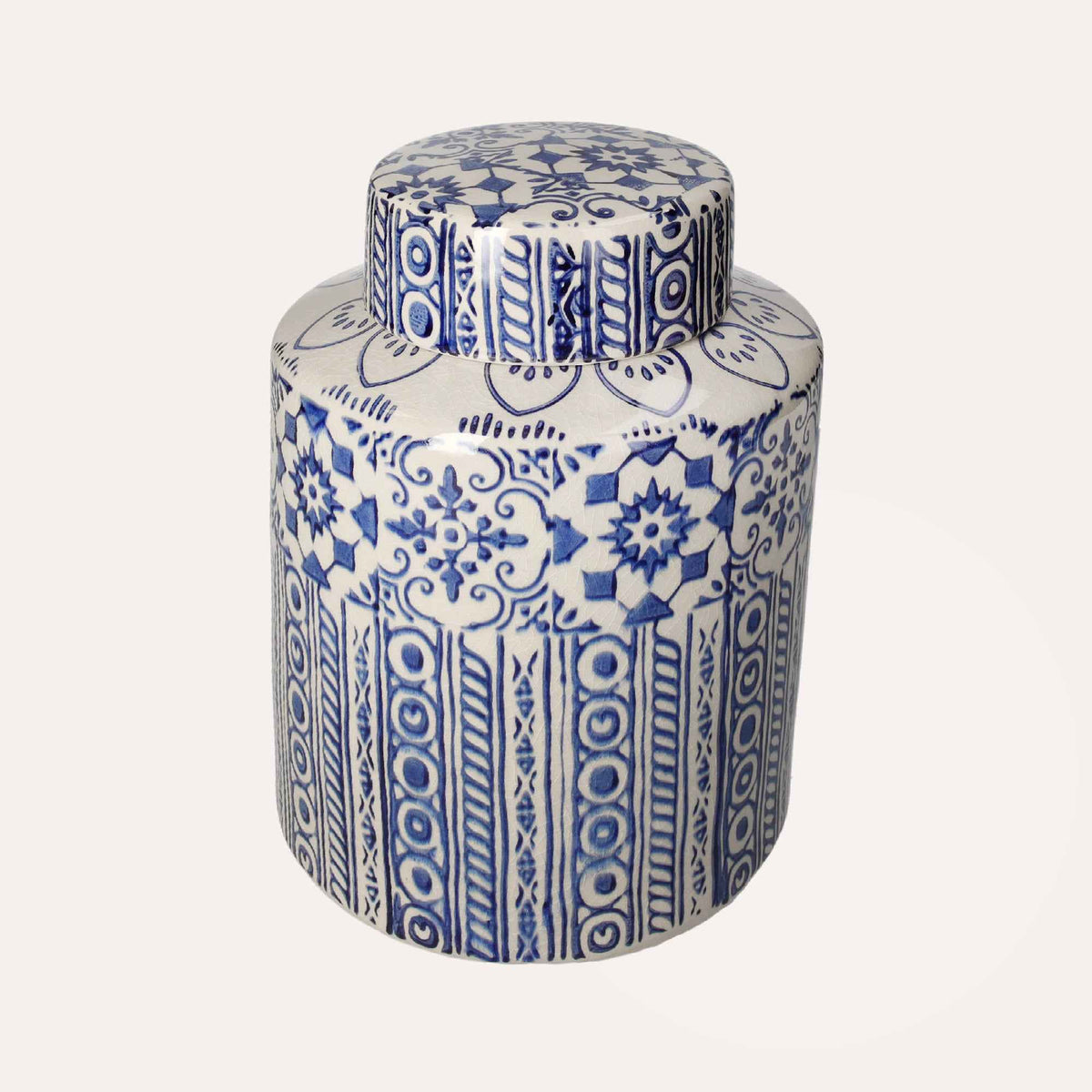 Potiche elegante de cerámica beige con adornos azules