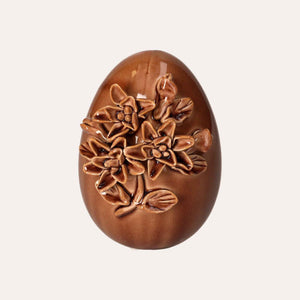 Brown Ceramic Egg with Relief Floral Decorations - Artisan Style