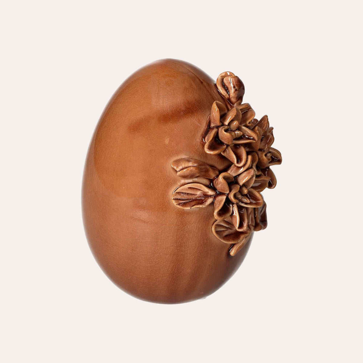Brown Ceramic Egg with Relief Floral Decorations - Artisan Style