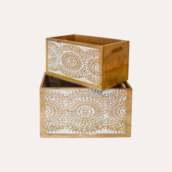 Porta-revistas com Decoração Branca em Madeira Indiana Marrom - KeyHome Store