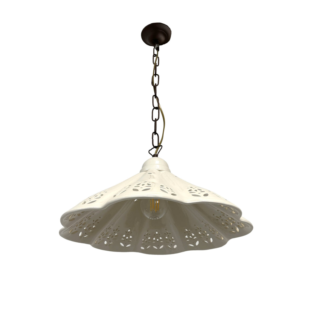 Lampadario Traforato con Catena Ceramica Bianca Ø. 38cm