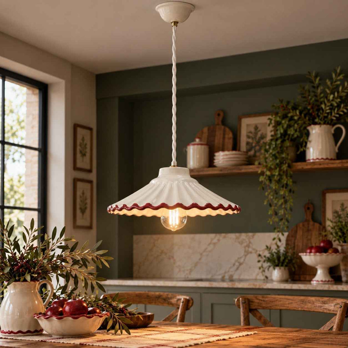 Lampadario Piccolo Bordo Rosa in Ceramica con Treccia Ø. 20 x H.7 cm