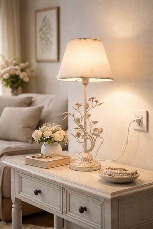 White Iron Table Lamp with Flowers