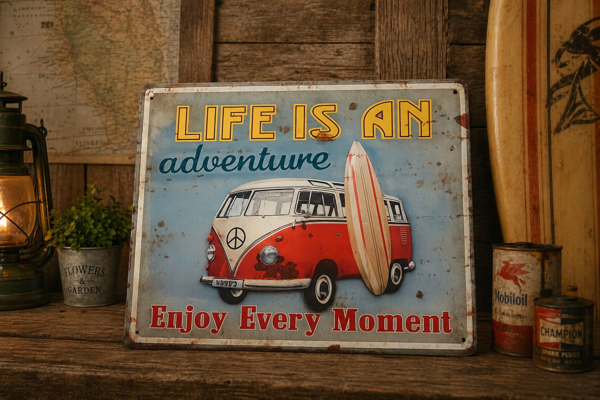 Blechtisch „Life Adventure“ mit Van 40x30 cm – Vintage-Reisestil