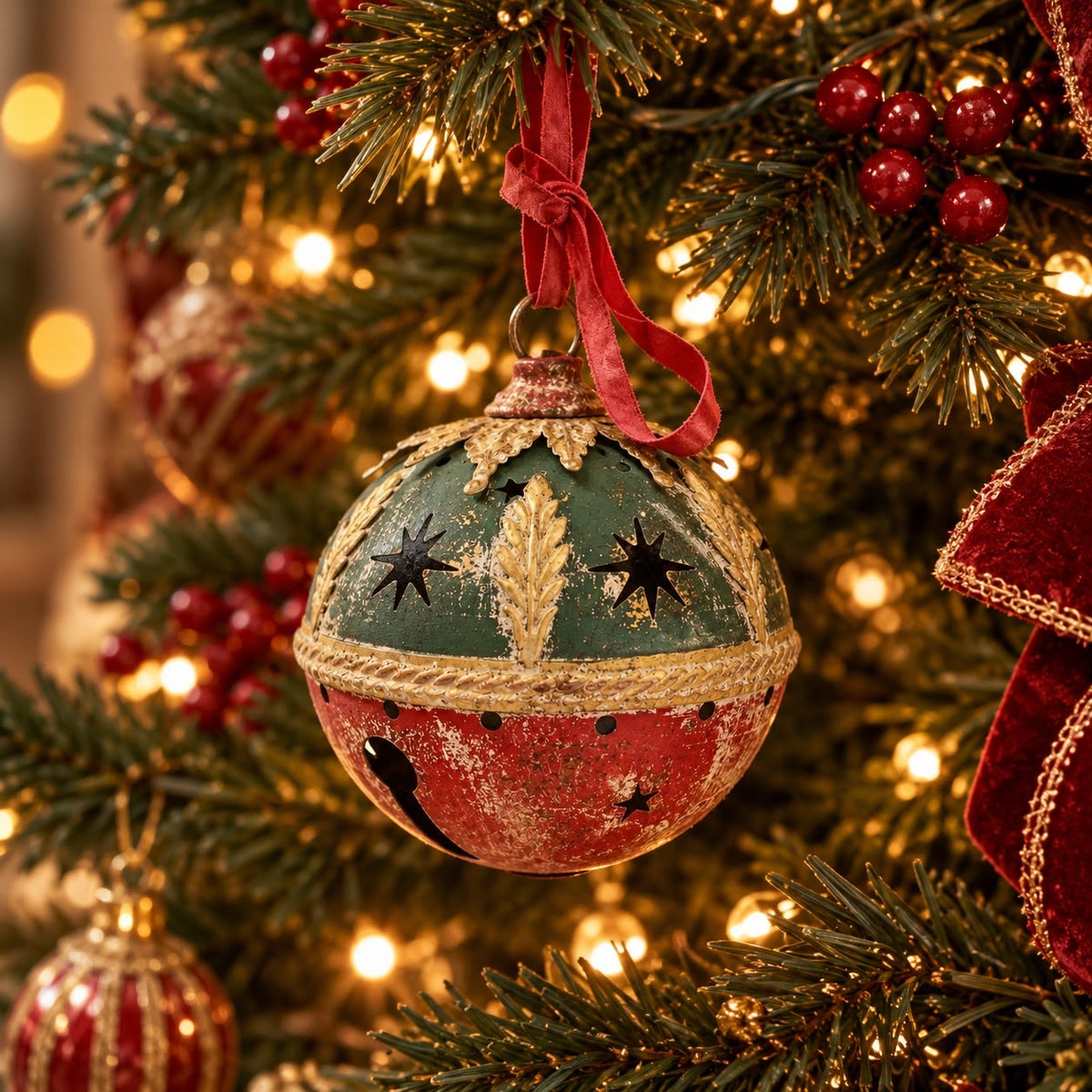 Bola de Natal em Lata Verde e Vermelha Alt.28x20 cm - KeyHome Store