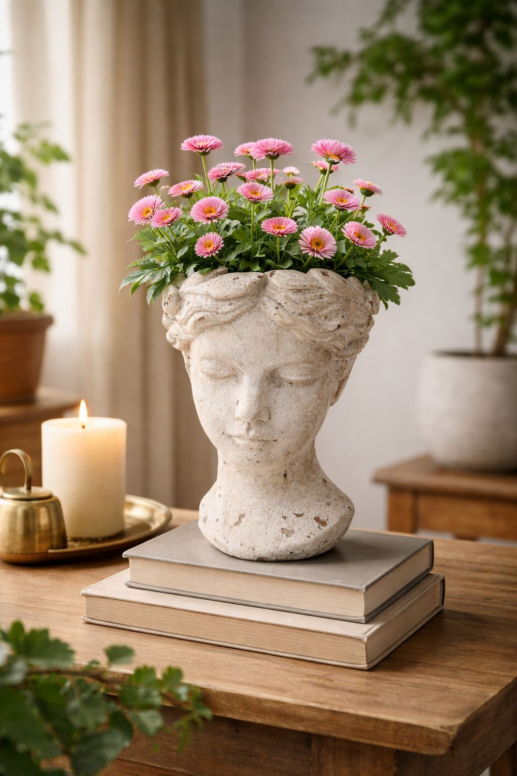 Cabezal decorativo para plantas de resina blanca, altura 35 cm