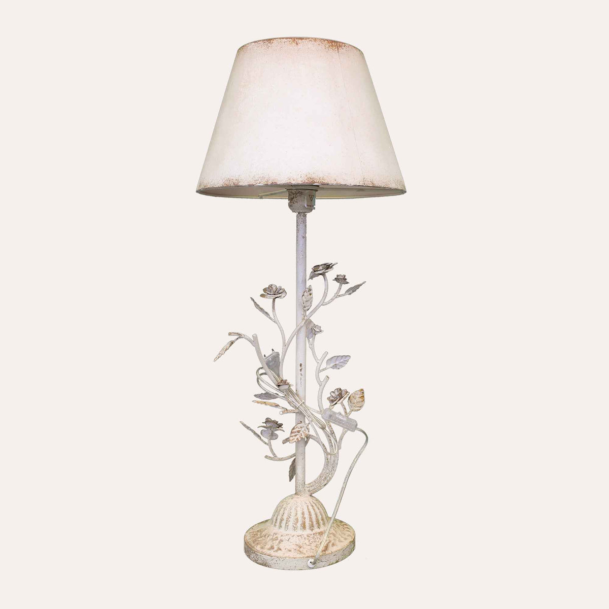 Lampada da Tavolo in Ferro Bianco con Fiori