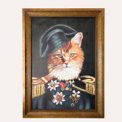 Cuadro de gato militar con marco de madera